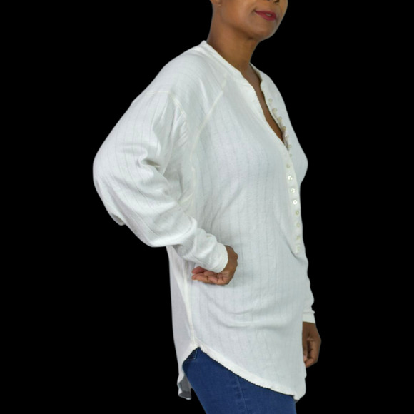 Free People Coffee Chat Pullover Top White Henley Pointelle Knit Oversize Medium - Picture 3 of 13